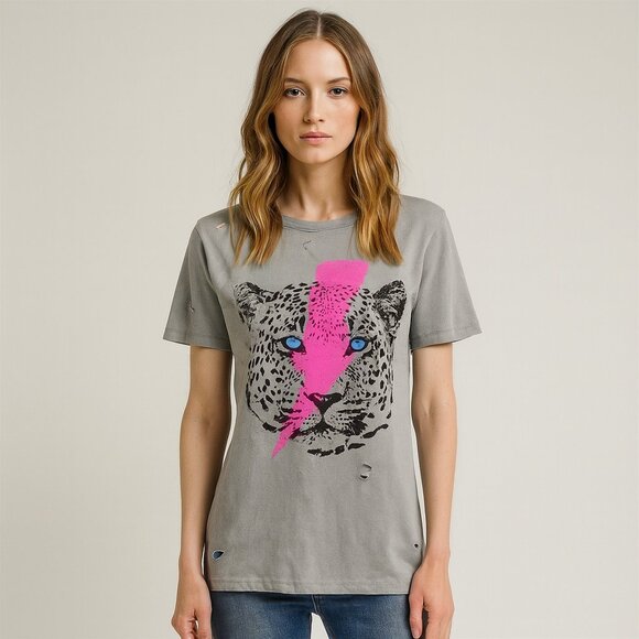 Lovey’s Boutique Grey Cheetah Pink Lightning Distressed Graphic Tee NEW Size M - Picture 1 of 7